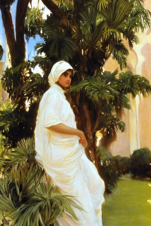 Image similar to portrait of persian girl near a lot of palm trees and bougainvillea, painting by john singer sargent