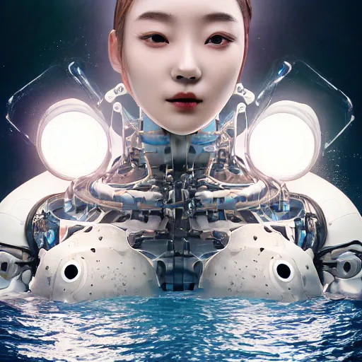 Image similar to beautiful centered Fine art photo portrait of HoYeon Jung as a solarpunk robotic humanoid treading on water, white mechanical parts with led lights, photorealistic, white background, highly detailed and intricate, sunset lighting, HDR 8k