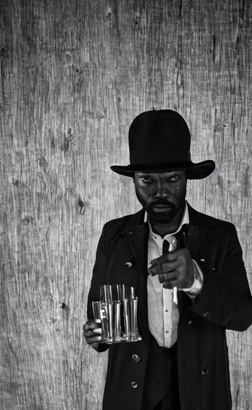 Prompt: a black detective wearing a dark gray fedora, trench coat and suit, holding a shot glass of whiskey, standing at a dark wood bar near a window, dramatic lighting.