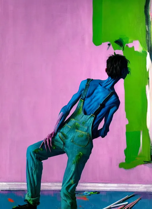 Image similar to an insane, skinny, artist wearing overalls, expressive painting the walls inside a grand messy studio, hauntingly surreal, highly detailed painting by francis bacon, edward hopper, adrian ghenie, gerhard richter, and james jean, soft light 4 k in pink, green and blue colour palette, cinematic composition