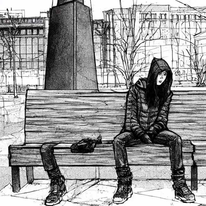 Prompt: storyboard : sadie sink in hoodie sat down on bench in ruined square, pedestrians walk by, old soviet monument nearby. scifi cyberpunk. drawn by gabriel hardman. cinematic atmosphere, detailed and intricate, perfect anatomy