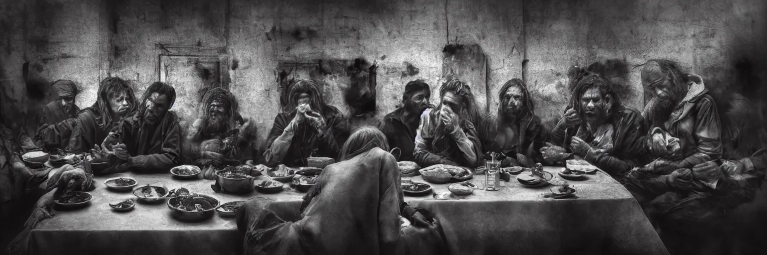 Image similar to Award Winning Editorial wide-angle picture of a Tramps in a new York Soup Kitchen by David Bailey and Lee Jeffries, called 'The Last Supper', 85mm ND 5, perfect lighting, gelatin silver process