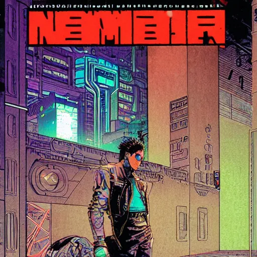 Image similar to Neuromancer cyberpunk cover in Moebius style, energetic