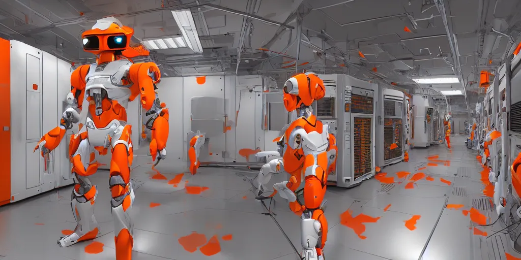 Image similar to parallax datacenter server room white - orange robocowboy in artstation