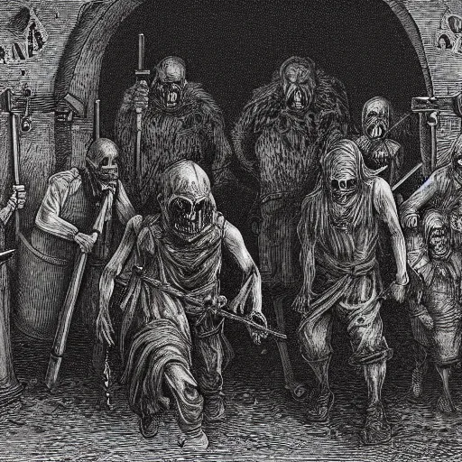 Image similar to 9 steel barrels in a graveyard, 2 zombies, creepy atmosphere, dark, portrait, realistic, illustration by gustave dore