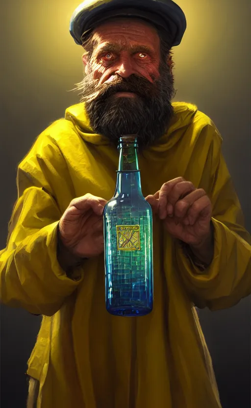 Image similar to hobocop with yellow plastic bag full of bottles from the disco elysium, concept art by aleksander rostov, oil painting, artstation trending, symmetry, awesome exposition, very detailed, highly accurate, intricate, professional lighting diffracted lightrays, 8 k, sense of awe, gamers magazine cover