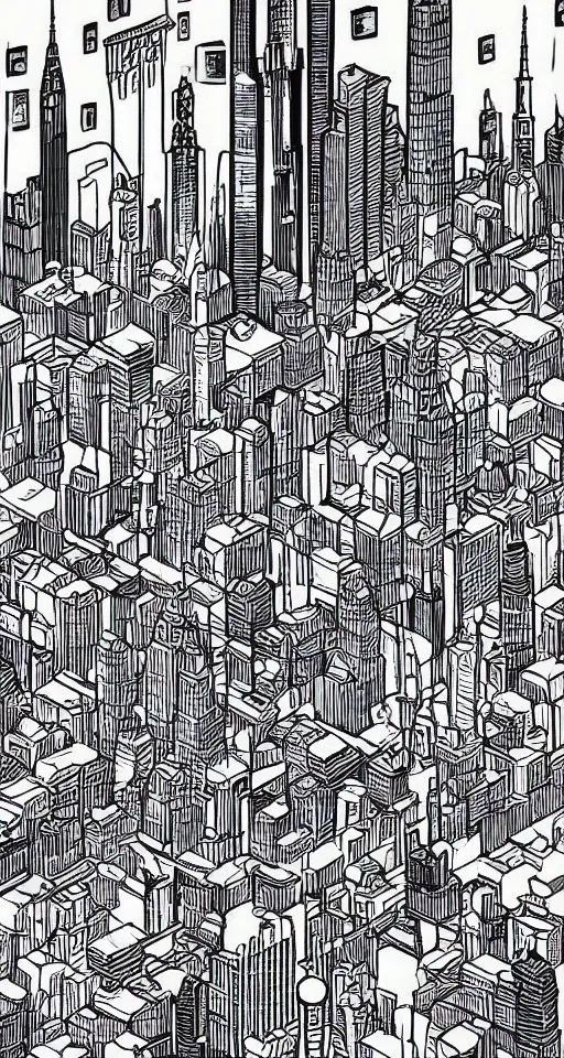 Image similar to cypherpunk full body illustration of nyc, cameras, black and white, city street background with high tall buildings, central park, abstract landscape, highly detailed, finely detailed