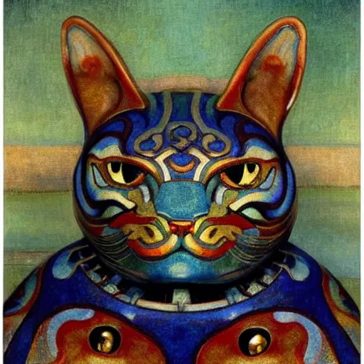 Prompt: masterpiece mechanical cloisonne cat head sculpture, by annie swynnerton and diego rivera and nicholas roerich and jean delville and charlie bowater, spacecat, symbolist, dramatic lighting, god rays, art brut, rich colors, smooth, sharp focus, extremely detailed, adolf wolfli and ( donato giancola and bilibin )