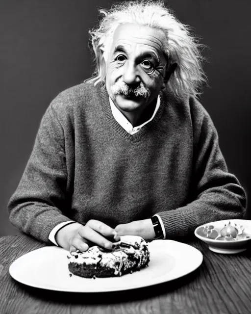 Prompt: a portrait of albert einstein sitting at the dining table with a plate containing red velvet cake in front of him, highly detailed, trending on artstation, bokeh, 9 0 mm, f / 1. 4