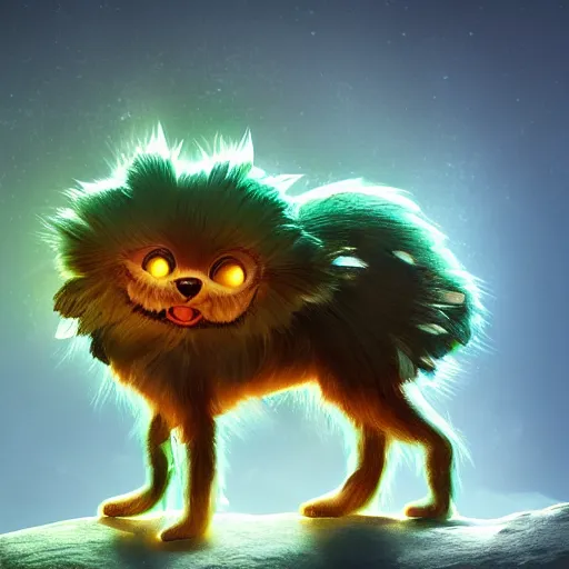 Image similar to bioluminescent cute furry monster on a dreamy biome, sparkles, magical, elves, fantasy, hyper realism, intricate, digital art, detailed, studio shot, unreal engine 5, octane, high definition, smooth, artstation, behance