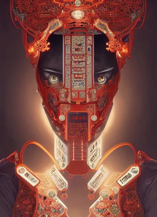 Prompt: symmetry!! portrait of a machine robot, machine face, decorated with chinese opera motifs, intricate, elegant, highly detailed, digital painting, artstation, concept art, smooth, sharp focus, illustration, art by artgerm and greg rutkowski and alphonse mucha, 8 k