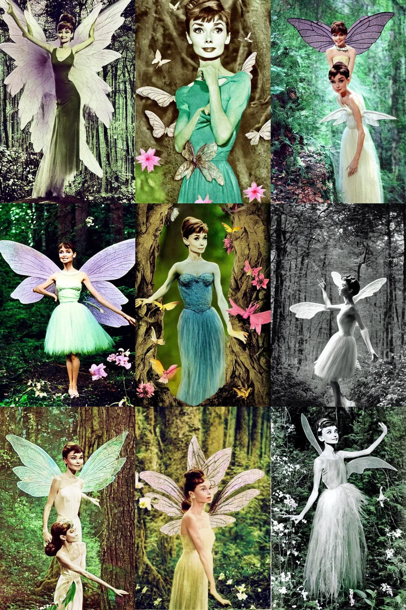 Prompt: found photograph of audrey hepburn as a fairy with wings standing in the forest, inspired by tinkerbell, classic beauty, flowers in hair, angelic