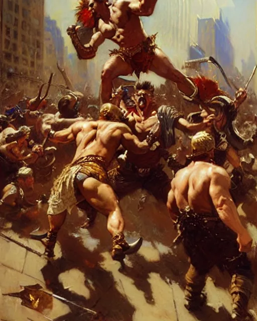 Image similar to a fierce barbarian yelling at stock brokers on wall street, painting by gaston bussiere, craig mullins, j. c. leyendecker