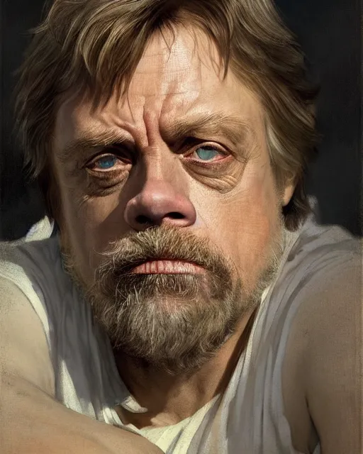 Image similar to mark hamill as a grizzled emanciated drunk poet. fantasy science fiction art by greg rutkowski, gustave courbet, rosa bonheur, edward hopper. faithfully depicted facial expression, perfect anatomy, sharp focus, global illumination, radiant light, detailed and intricate environment, trending on artstation