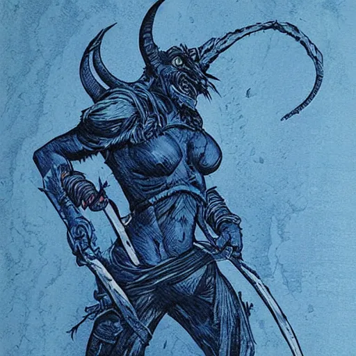 Image similar to blue woodcut print cartoon, tiefling by greg rutkowski, fine details, highly detailed