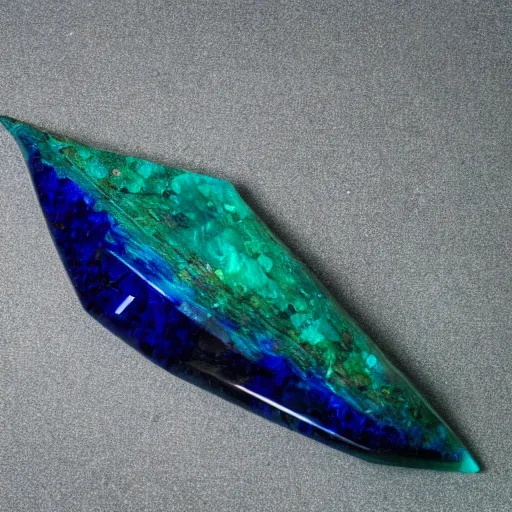 Prompt: large crystal. organic and complex shape. shot at a perspective. grey background. vibrant blue azurite and green malachite. swordlike crystals. photo realistic. intricate. hyper detailed.