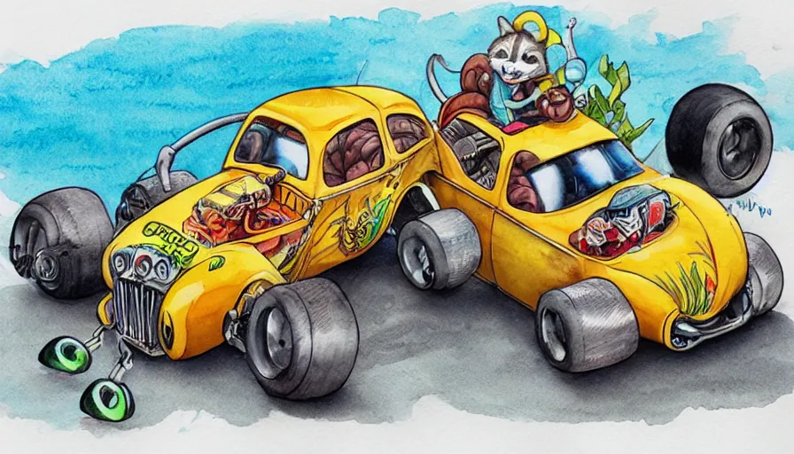 Image similar to funny, racoon riding in a tiny hot rod coupe with oversized engine, ratfink style by ed roth, centered award winning watercolor pen illustration, by chihiro iwasaki, edited by range murata