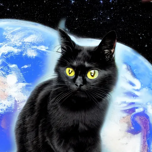 Prompt: black cat in a space suit in style of retro-futurism, 4k, hyper realistic,