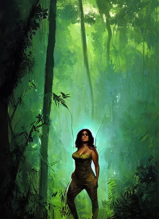 Image similar to portrait of salma hayek as jungle queen, green and blue hour, forest, by ismail inceoglu