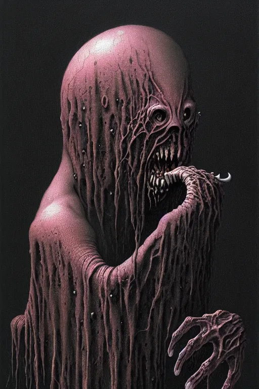 Image similar to potrait of a scary monster that has crooked teeth a weird accent and drinks hot water, by zdzislaw beksinski, by dariusz zawadzki, by wayne barlowe, gothic, surrealism, cosmic horror, lovecraftian, cold hue's, warm tone gradient background, concept art, beautiful composition