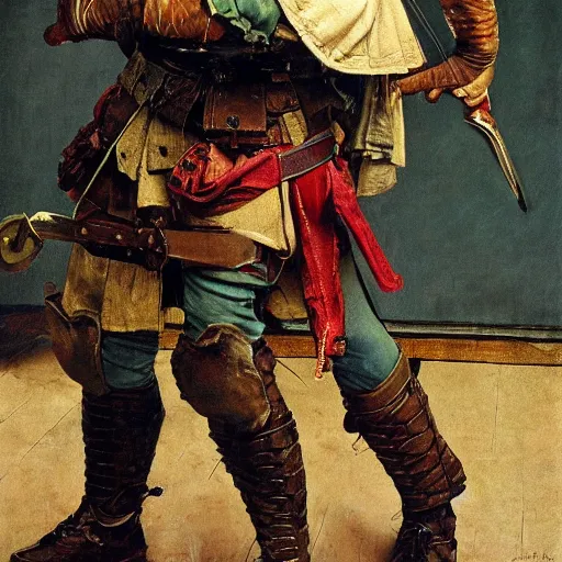 Prompt: portrait of a turtle wearing a bandana and knee pads, holding a sword. highly detailed, dynamic lighting. painted by norman rockwell