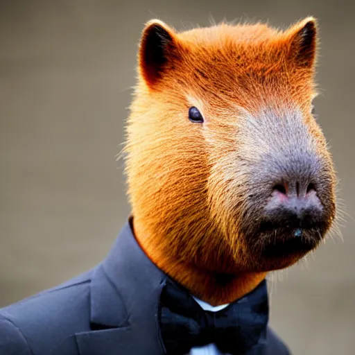 Image similar to capybara head, a man wearing a suit capybara head