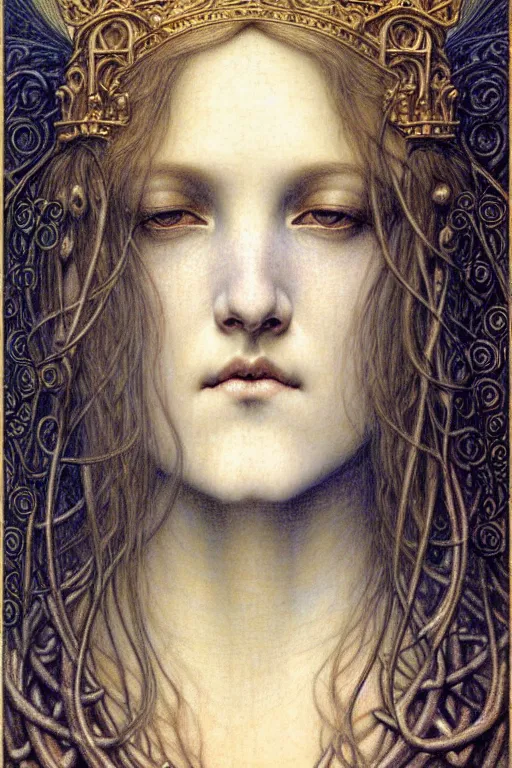 Image similar to detailed realistic beautiful young medieval queen face portrait by jean delville, gustave dore and marco mazzoni, art nouveau, symbolist, visionary, gothic, pre - raphaelite. horizontal symmetry