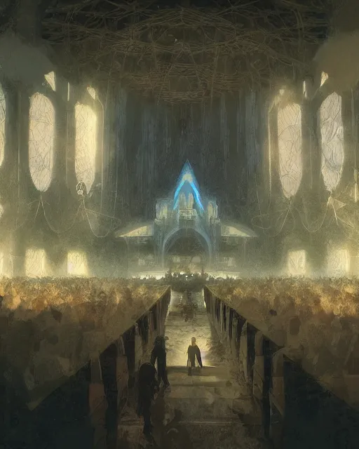 Image similar to craig mullins and ghibli digital illustration of a crowd in a futuristic church, priest, pews, ethereal, inviting, bright, photorealistic, wide shot