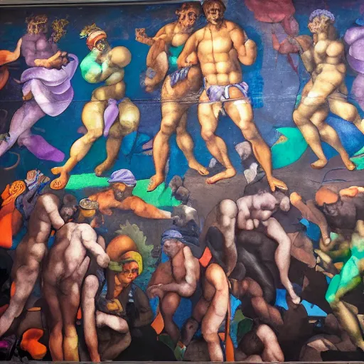 Image similar to a michelangelo mural of rave party