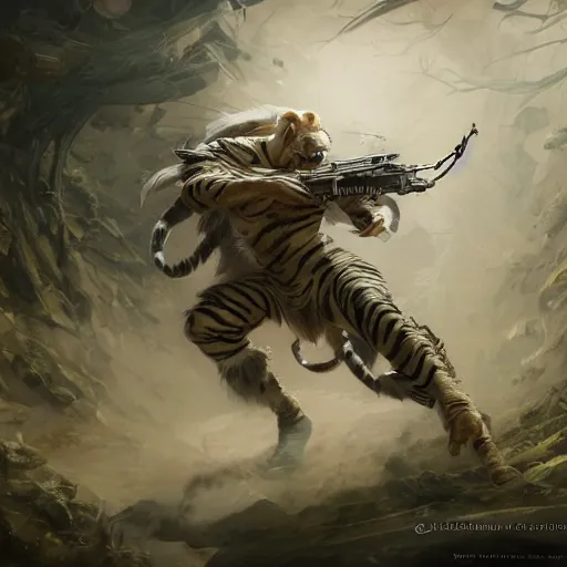 Image similar to a award winning commission of an amthro albino soldier tiger shooting,digitalt art,hyperdetailed,photorealistic,art by greg rutkowski,character design by charles bowater,ross tran,deviantart,artstation,high detailed,cinematic,movie scene,cool,detailed face