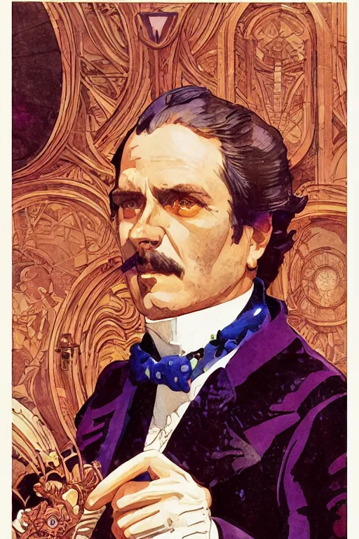 Image similar to zoomed out portrait of a duke, victorian era, art deco style, stylized illustration by moebius and juan gimenez, watercolor gouache detailed paintings in style of syd mead, ridley scott, metabaron, mucha, ghibli studio and disney vibe, vivid colorful comics style, clean line, diesel punk, artstation