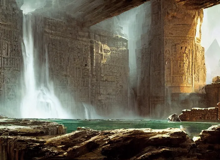 Prompt: Very tall waterfall + colossal Egyptian temples carved into the side of subterranean rocky cliffs + height perspective insanely detailed, intricate, epic lighting, cinematic composition, hyper realistic, Craig Mullins