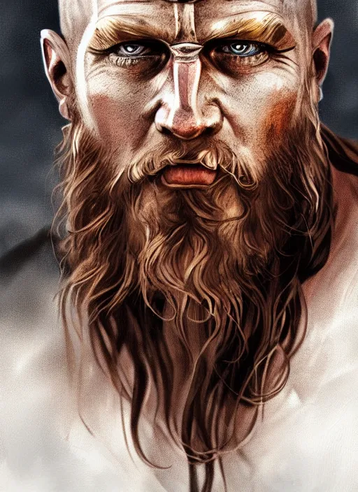 Image similar to viking looking tired, portrait, dramatic light, fierce, digital painting