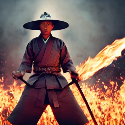 Image similar to cinematic film still Pharrell Williams starring as a Samurai holding fire, Japanese CGI, VFX, 2003, 40mm lens, shallow depth of field,film photography