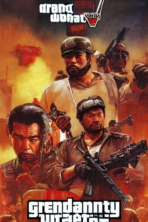 Prompt: Movie poster of Grand Theft Auto China Town Wars, Highly Detailed, Dramatic, eye-catching, A masterpiece of storytelling, by frank frazetta, ilya repin, 8k, hd, high resolution print