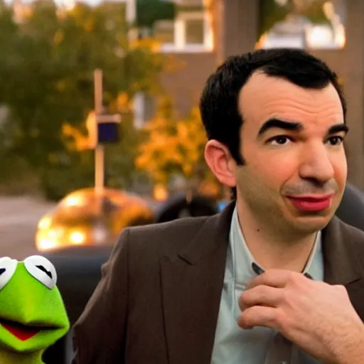 Prompt: Nathan Fielder in the Muppets, high quality, Jim Henson, sunset, 8k