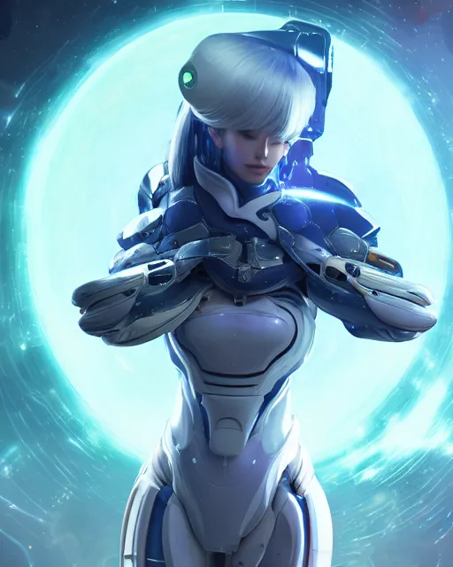 Image similar to perfect android girl on a mothership, warframe armor, beautiful face, scifi, futuristic, galaxy, nebula, raytracing, dreamy, long white hair, blue cyborg eyes, sharp focus, cinematic lighting, highly detailed, artstation, divine, by gauthier leblanc, kazuya takahashi, huifeng huang