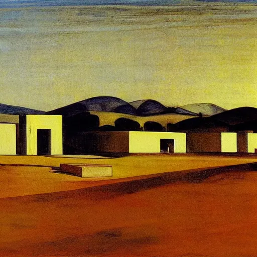 Image similar to kibbutz ein harod ihud in israel by giorgio de chirico and edward hopper