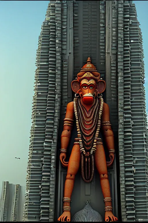 Image similar to high quality 3 d cyberpunk biomorphic hanuman! head building in the middle of mumbai!!, highly detailed, cinematic smooth, stephen shore & john j. park, soft morning light, wide shot, high angle, uhd 8 k, sharp focus