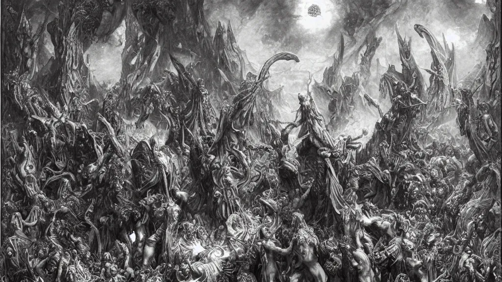 Prompt: satans fall from paradise into hell by gustave dore, james ryman, wayne barlowe, alphone mucha. beautiful color