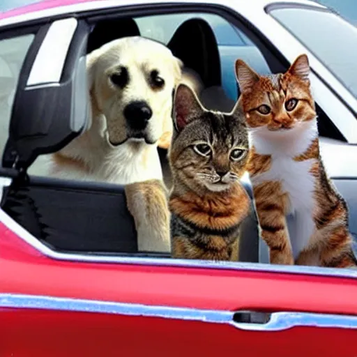 Image similar to dog and cat driving a car with obama sitting on top of car