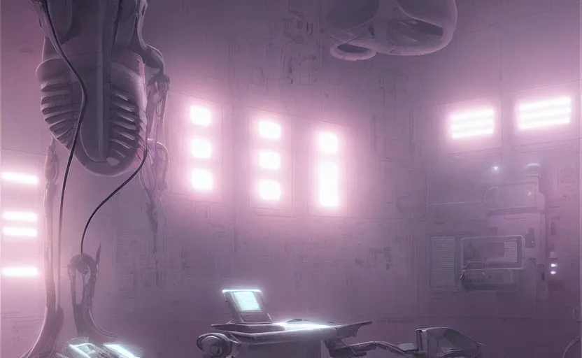 Prompt: details of a neon surgery scanning machine cyberpunk futuristic, in a white room, art by giger, greg rutkowski
