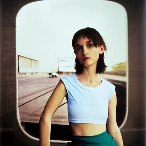 Prompt: polish woman with short hair wearing an issey miyake t - shirt and skirt at a gas station, portrait, colored photo, clear face, by annie liebovitz, david bailey, nan goldin