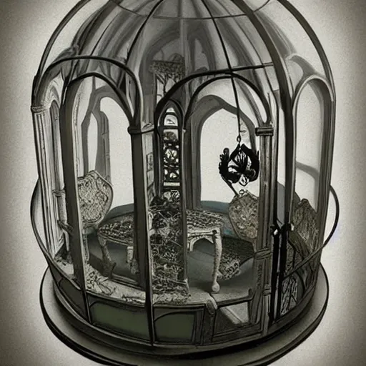 Prompt: a miniature tabletop gothic house under an ornate glass dome, by paulette tavormina and michael whelan, inside a dim room with light from one window, faded and dusty, hyper realistic, extremely detailed, dramatic lighting, victorian, featued on artstation