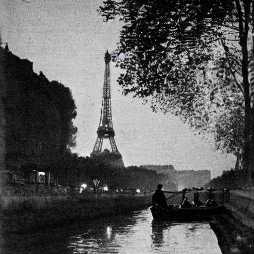 Prompt: an edwardian woman wearing white is paddling a canoe down the river Seine at night, eiffel tower visible in the background