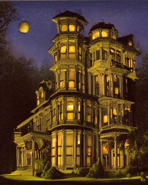 Image similar to a wide angle low photo of a ghostly victorian mansion at night lit by spectral glowing orbs by thomas blackshear