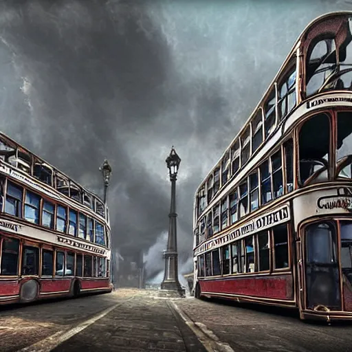 Prompt: A steampunk double decker bus with a giant billowing column ontop, steam powered, streetview of old London, by Enki Bilal, digital art, unreal engine, gothic style, - W 832