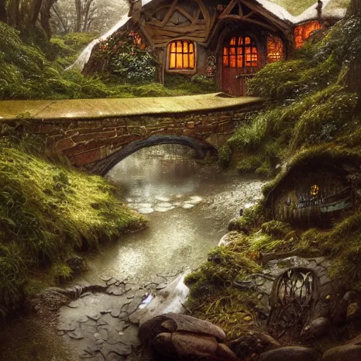 Prompt: hobbit in medieval hobbit house, ornate, beautiful, atmosphere, vibe, mist, smoke, fire, chimney, rain, wet, pristine, puddles, melting, dripping, snow, creek, lush, ice, bridge, forest, roses, flowers, by stanley artgerm lau, greg rutkowski, thomas kindkade, alphonse mucha, loish, norman rockwell