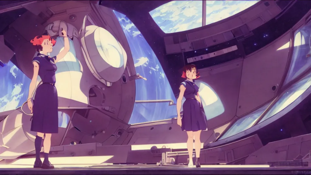 Prompt: a film still of a 1 9 5 0's mechanic anime girl standing near big window of spaceship looking to another planet, sharp face focus, finely detailed features, full body mid shot, perfect art, trending on pixiv fanbox, painted by gaston bussiere, makoto shinkai, akihiko yoshida, gaston bussiere, craig mullins