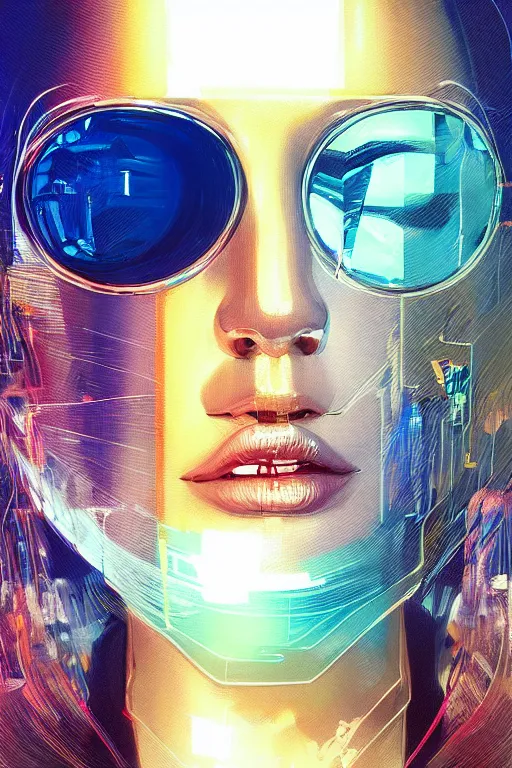 Prompt: portrait, digital painting, an beautiful, crazy hacker girl, lost in code, synthwave, glitch!!, glassy fracture, realistic, hyperdetailed, golden hour, concept art, art by syd mead